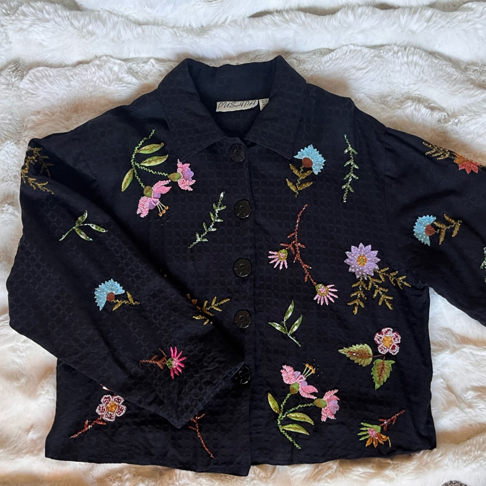 Black Embroidered Floral Button-Up Blouse | Cottagecore Boho Top | Cotton